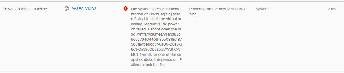 WSFC on VMware Power On