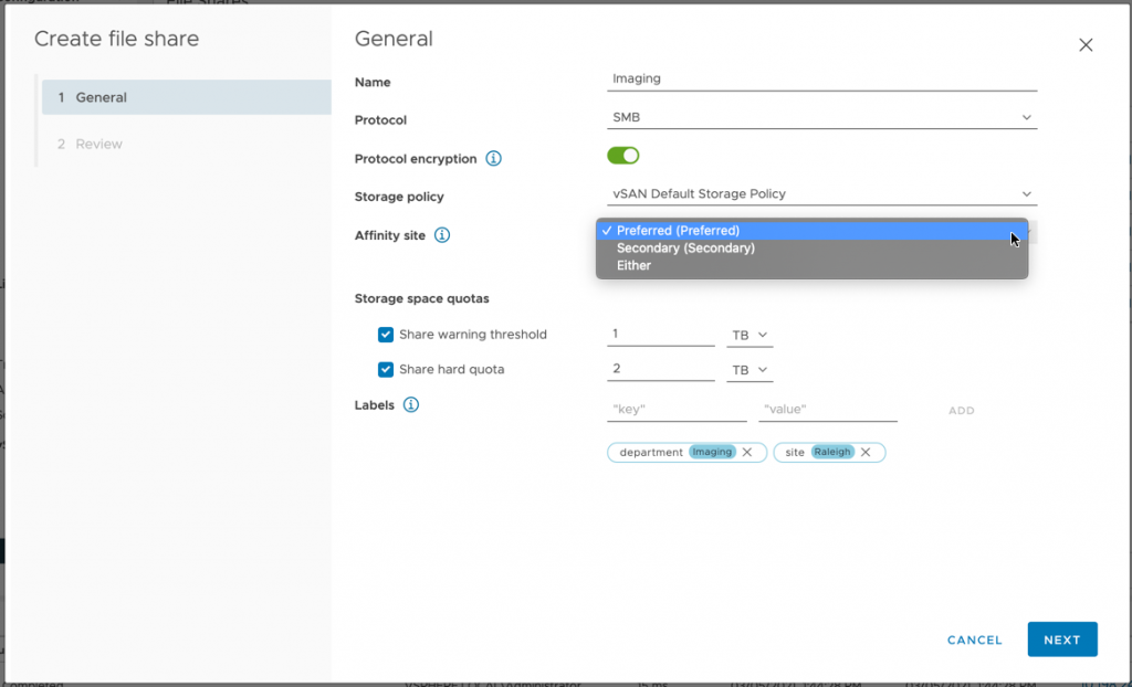 Setting site affinity on file shares