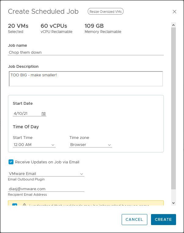 Creating a scheduled job in vRealize Operations 8.4 from the Rightsizing page.