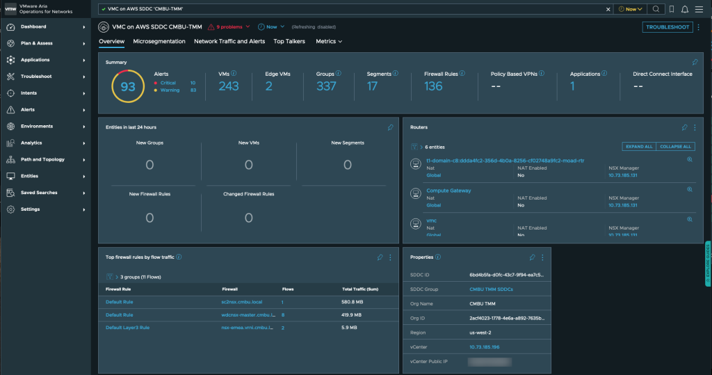 VMware Aria Operations for Networks VMC on AWS Dashboard