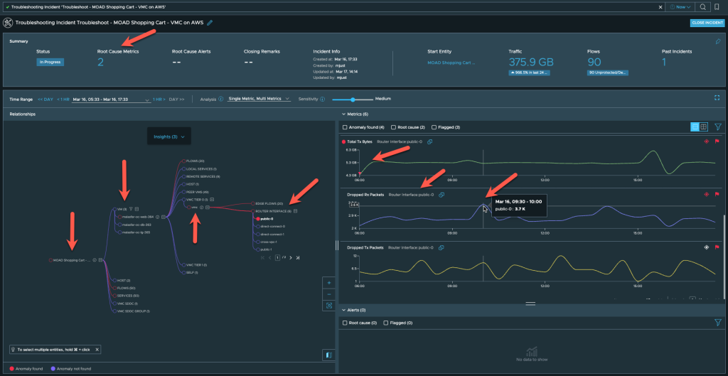 Guided Network Troubleshooting Dashboard Indicating Anomalies on NSX T0 Router Interface used by VM within a VMC on AWS Hosted Application