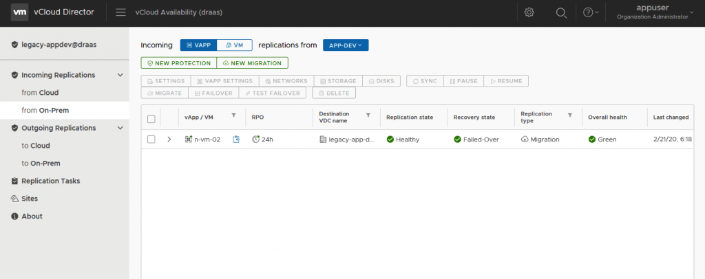 Managing vCloud Availability migration in vCloud Director platform