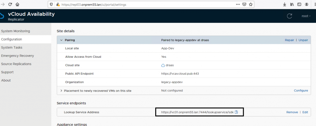 vCloud Availability configuration lookup service