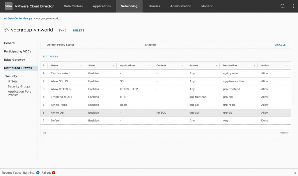 Distributed firewall configuration for an NSX-T data center group in VCD 10.2