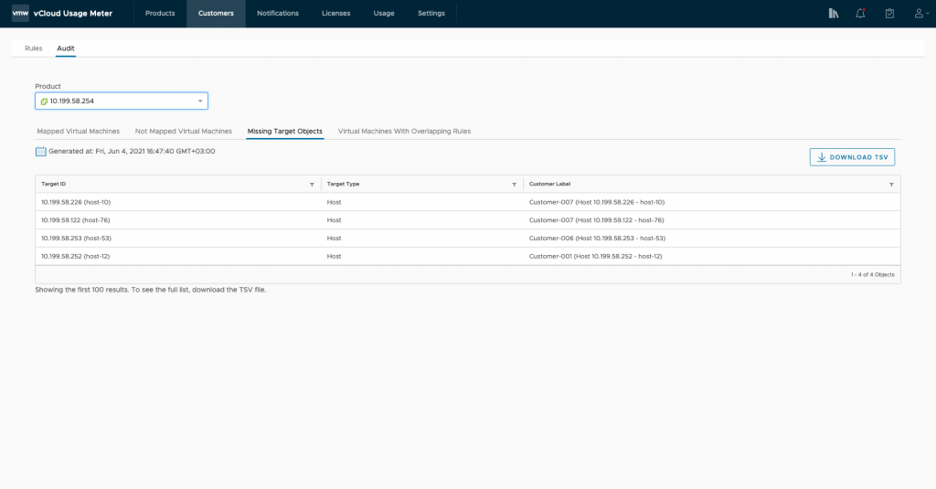 vCloud Usage Meter 4.4: Customer Monthly Usage Reports - Mapped Target Objects