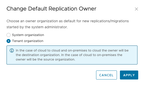 VCDA Change the default replication owner