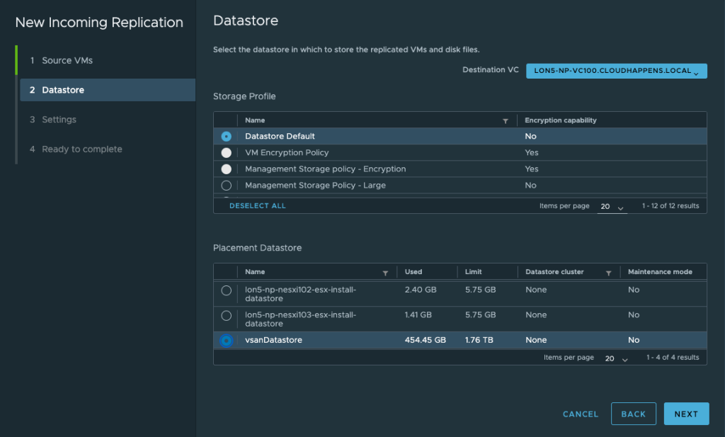 VCDA - V2V Select VM storage policies