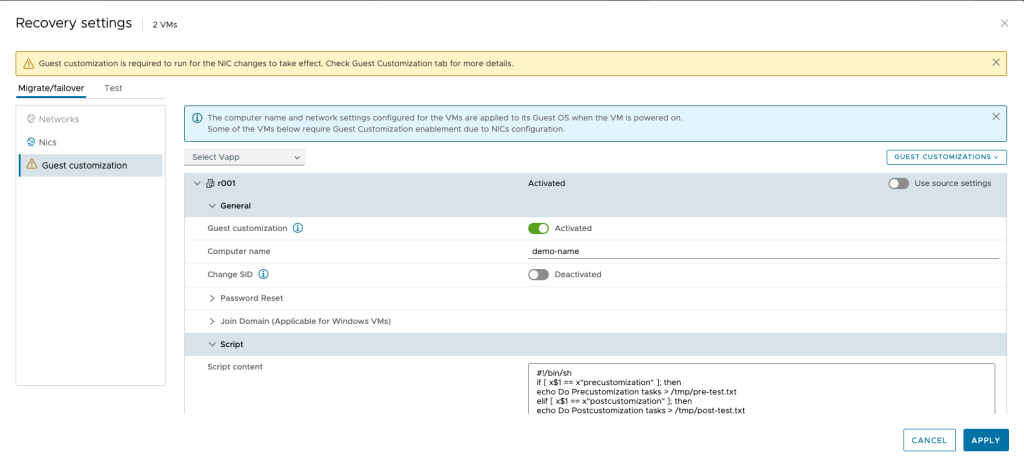 VCDA - Advanced Recovery Settings