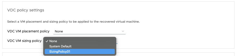 VCDA - VM Sizing policy selection