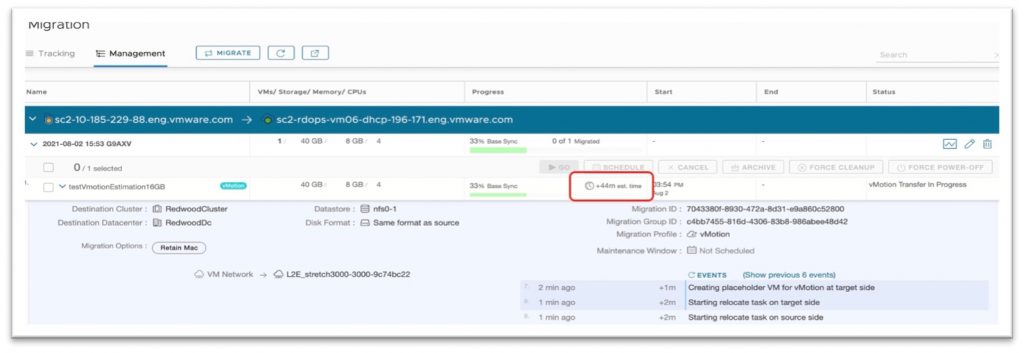 Estimate of time remaining for the vMotion-based migration