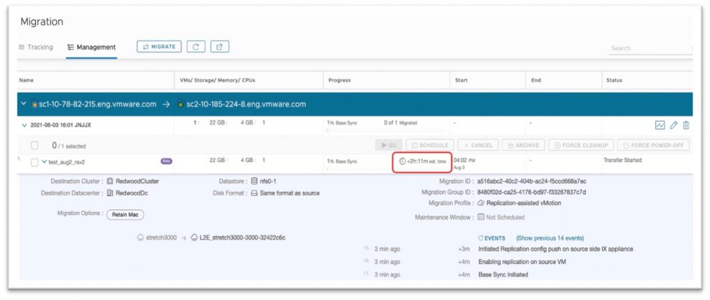 Estimate for a RAV- (Replication Assisted vMotion) based migration