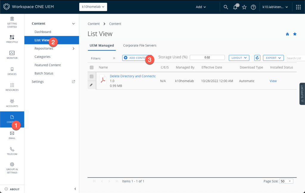 Add Content in Workspace ONE UEM dashboard