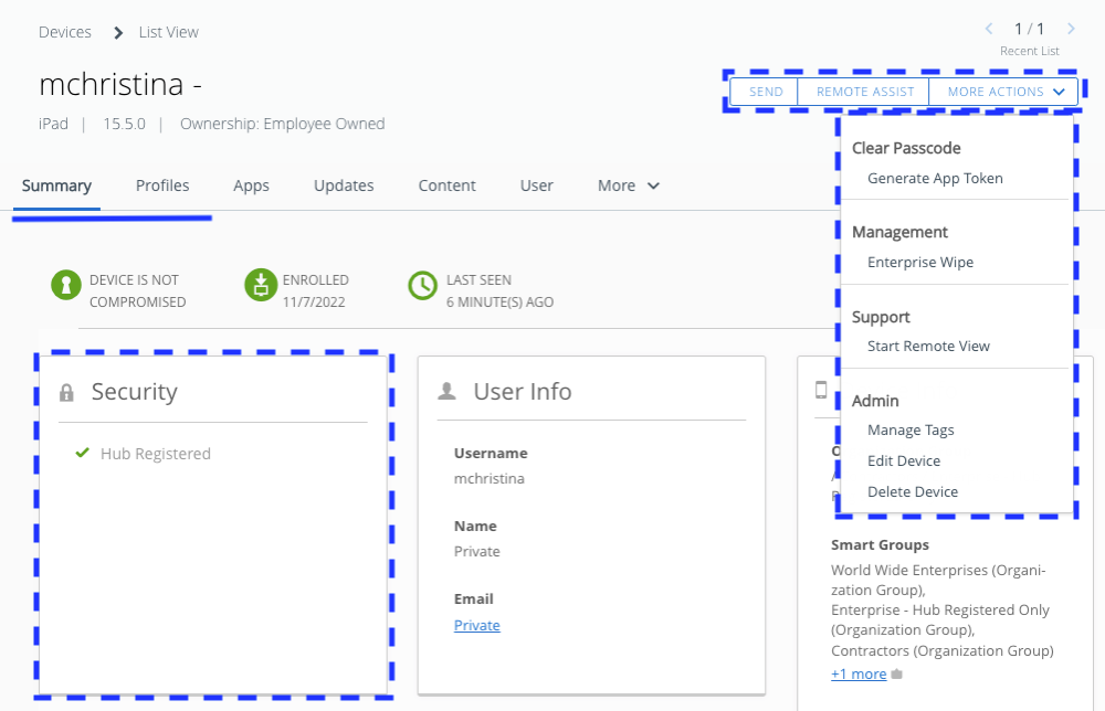 Figure 5: Device Details Page in Workspace ONE UEM for iPad in Hub Registered Mode