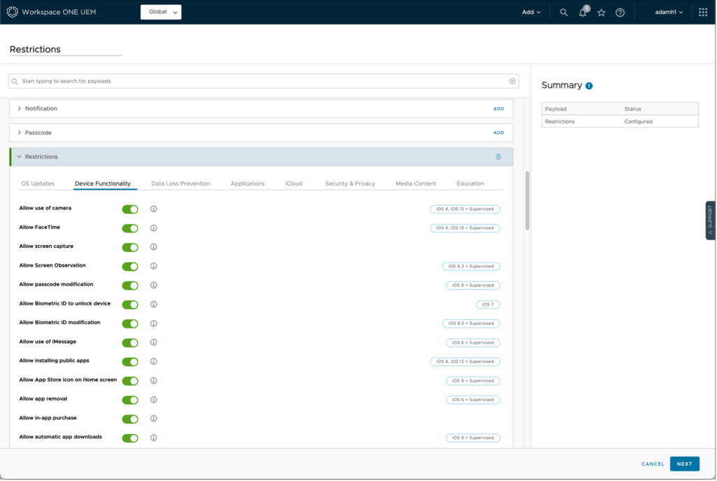 Workspace ONE DDUI device functionality restrictions