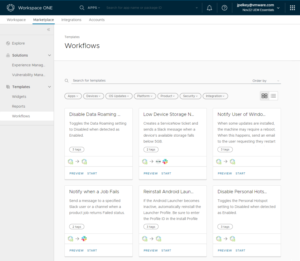 Workspace ONE Marketplace workflow templates